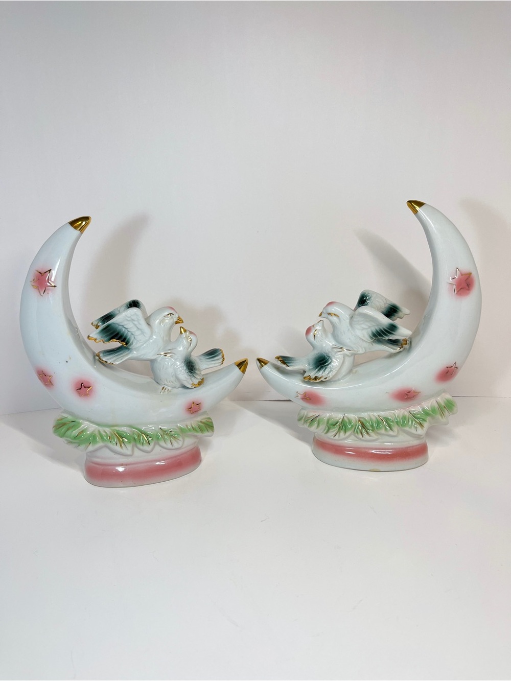 Vtg DBE Canada Crescent Moon Doves Birds Gold & Pink Figurine Set MCM Whimsical